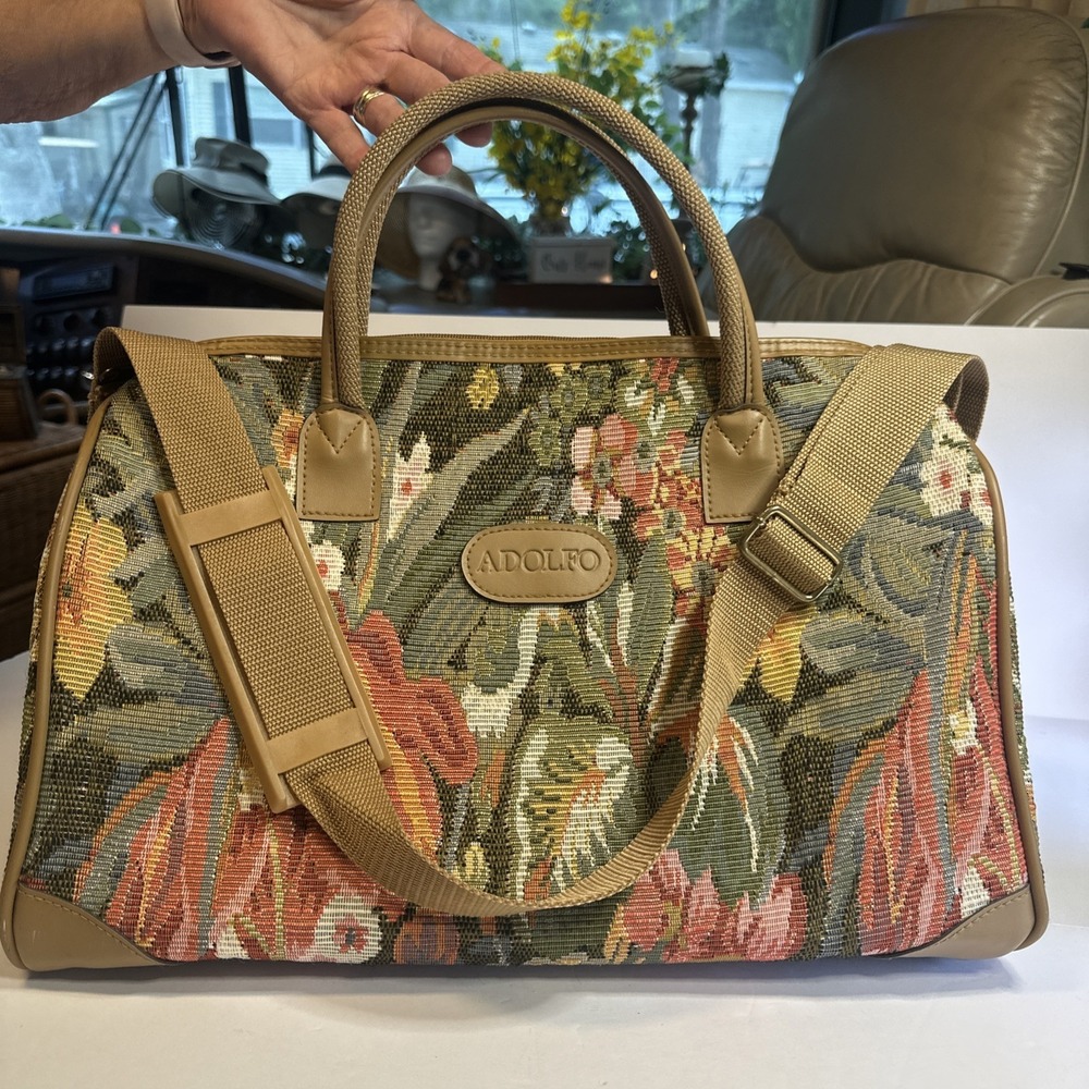 Adolfo Vintage Floral Tapestry Travel Duffle Weekend Bag 16 x 12 x 9